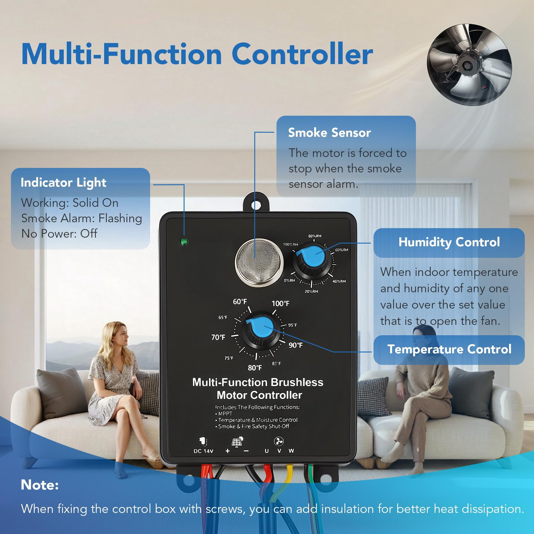 Fnova 50W Solar Attic Fan, 2500 CFM, Smart Thermostat/Humidity Sensor, Remote Control, Roof Vent for Garage Warehouse