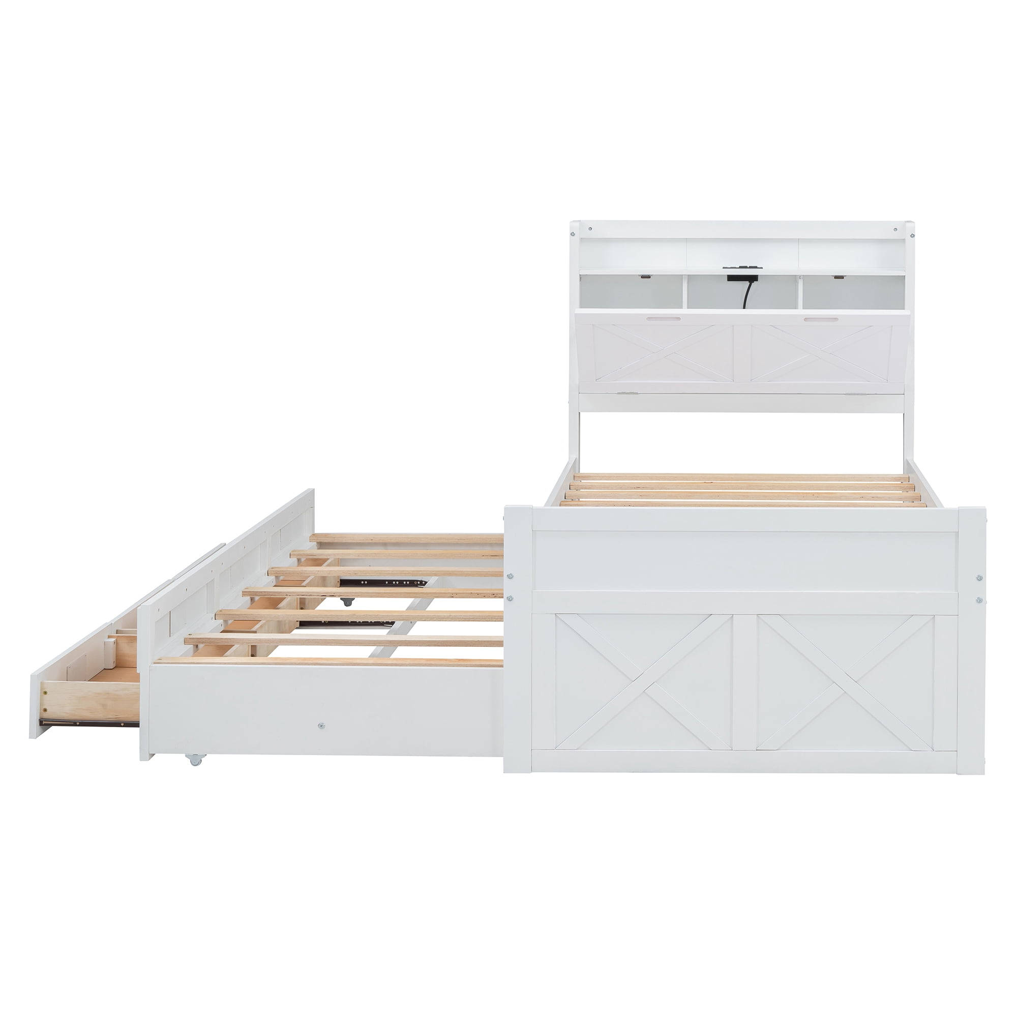 Mintazer Farmhouse Twin Bed with Trundle & 3 Drawers, Extendable Platform Bed with Headboard Storage & Charging Station for Bedroom, White