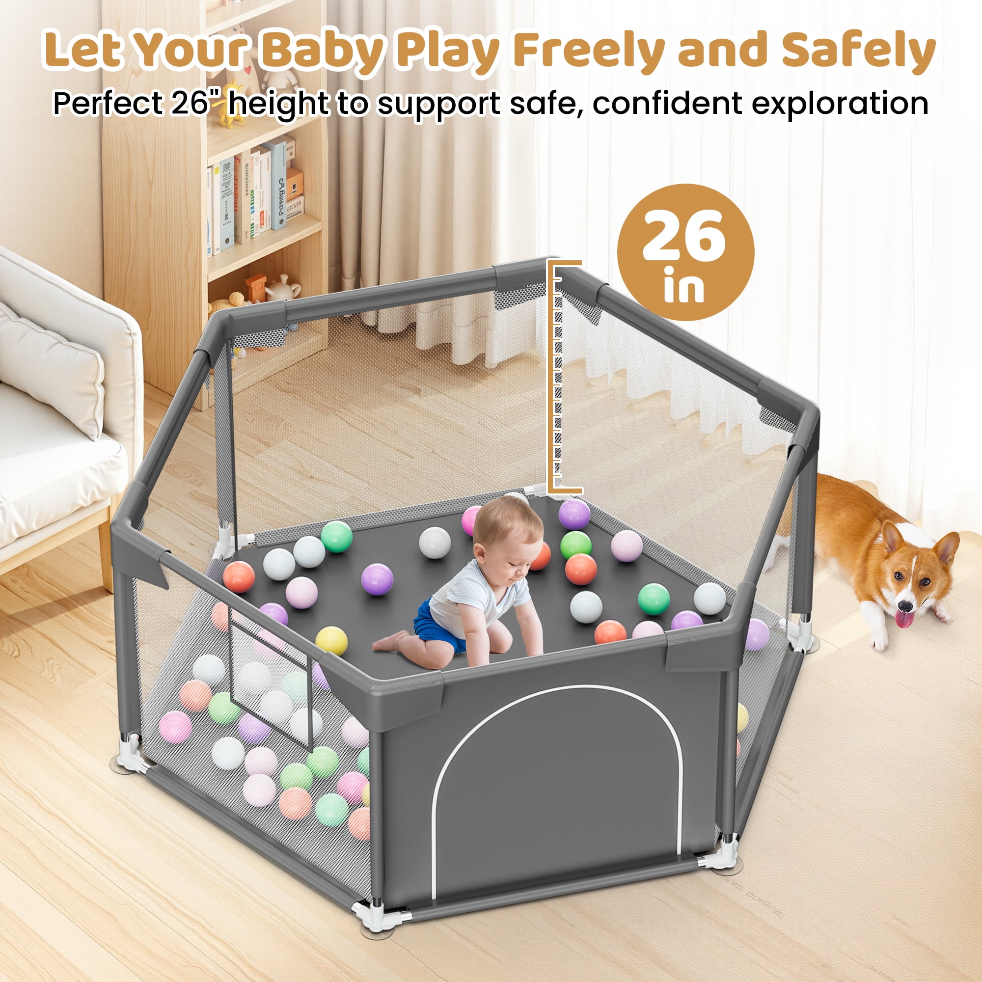 babyeap 50 Inch Baby Playpen,Fence Baby Play Yard for Indoors Outdoors,Hexagonal Toddler Playpen,Dark Gray