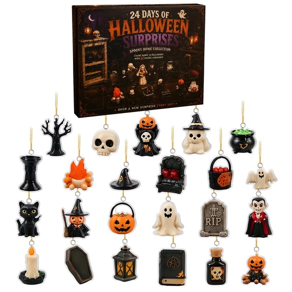 Spooky Theme 24 Day Halloween Advent Calendar, Holiday Countdown Calendar with Creepy Hanging Ornaments - Gothic Office Cubicle Display, Premium Haunted House Ornament Gift Set