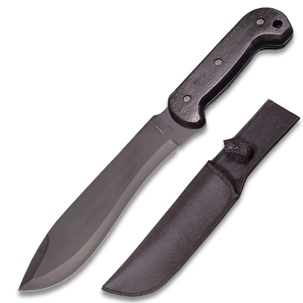 Full Tang Black Bowie Hunter Knife, Machete, 16 Inch Overall Length, Black Blade, Black Wood Handle