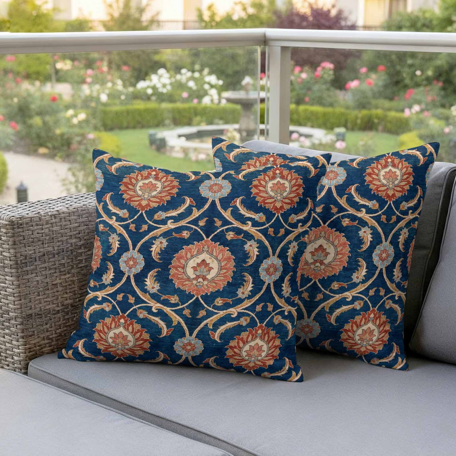 Flower Pattern Outdoor Pillow Covers Set of 2 Vintage Orange Classic Floral Country Navy Blue Waterproof Throw Pillow Cover Decorative Cushion Cases for Patio Porch Garden 20X20 Inch