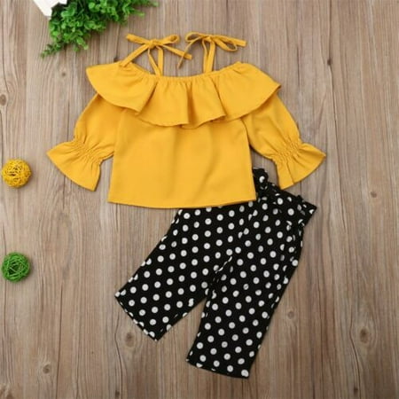 

Kids Baby Girls 2Pcs Ruffle Solid Top Long Pants Outfit Summer Clothes