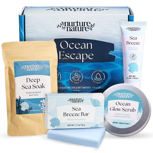 Nurture by Nature Ocean Escape Spa Kit Regalos de spa para mujeres Kit de cuidado personal con infusión de glicerina Exfoliante corporal Sales de baño de Epsom Loción y jabón para manos de karité al 6