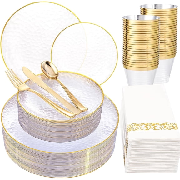 WELLIFE FESTIVE 175βPiece Clear Gold Hammered Disposable Dinnerware Set for 25 Guests, Includes Plates, Silverware, Cups and Napkins for Party Events