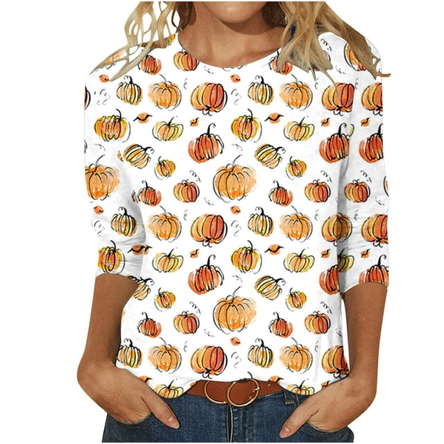 HKEJIAOI Blouse d'Halloween pour Femmes Manches Longues Col Rond Imprimé Géométrique Moderne Célébration d'Halloween Haut Blanc-1