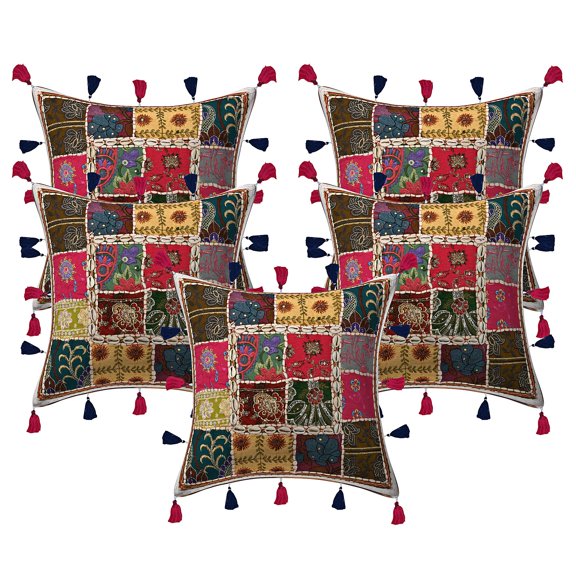 Stylo Culture Ethnic Decorative Throw Pillow Covers 16x16 Embroidered Patchwork Cowrie Sea Shell Tassels White Tribal Hippie 40cm x 40cm Lounge Decor Cotton Floral Square Cushion Covers | Set Of 5