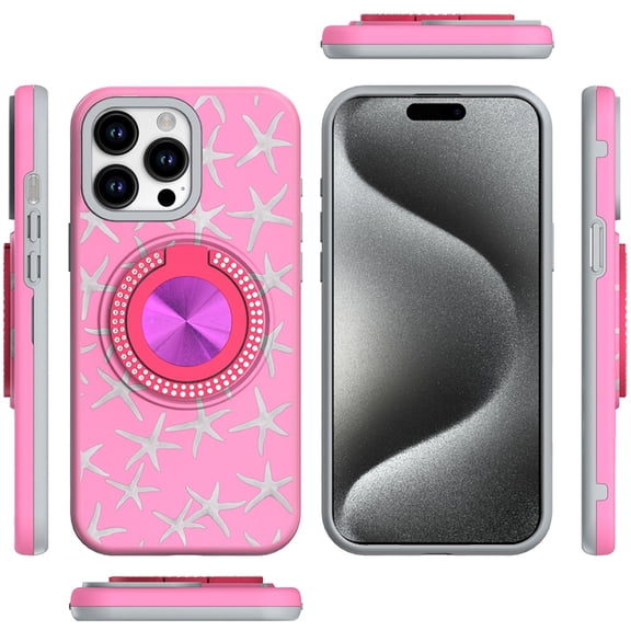 XPM for Apple iPhone 15 Pro Max Phone Case, Pattern Design Hybrid with Invisible Ring Stand & Magnetic Back, Shockproof Protective Grip Cover for iPhone 15 Pro Max (Pink Starfish)