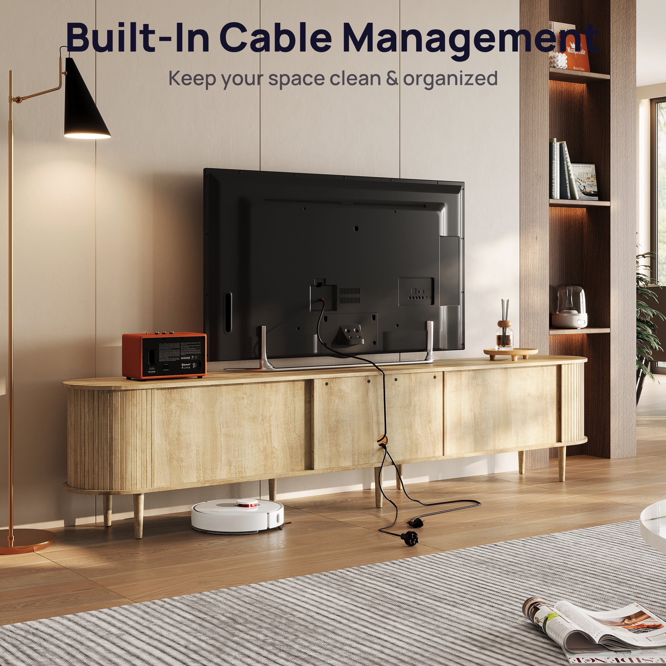 CHIC HOUSE 95" Extra Long TV Stand for 80/90/100" TVs with LED Light, Mid-Century Modern Entertainment Center with Storage Shelves & Sliding Tambour Door, Oak