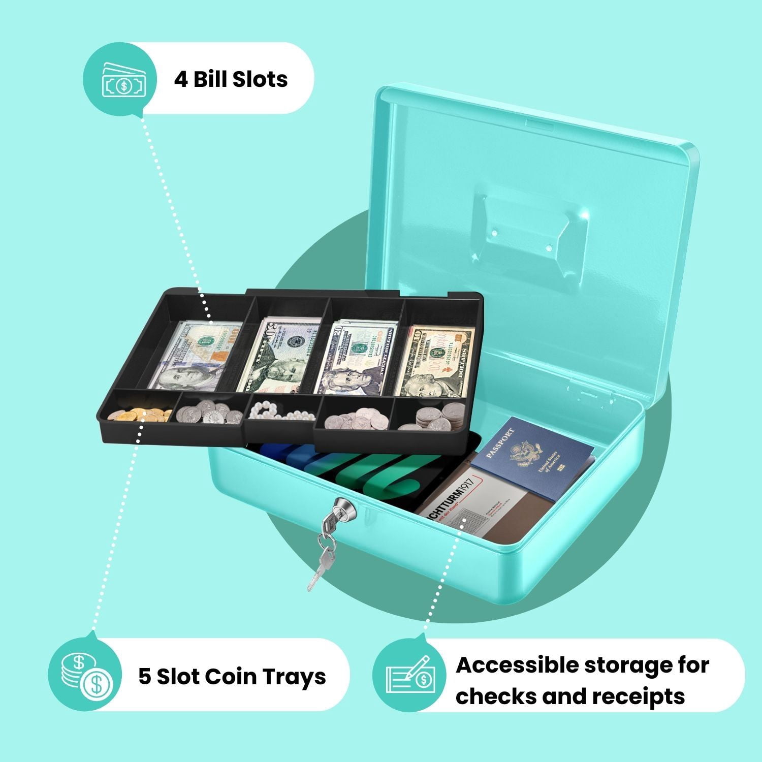 Cash Box with Money Tray and Lock - Metal Cash Box for Small Businesses, 9-Compartment Blue Money Box with Lock and Key for Petty Cash, Checks, Coins, Portable Money Box for Cash Storage