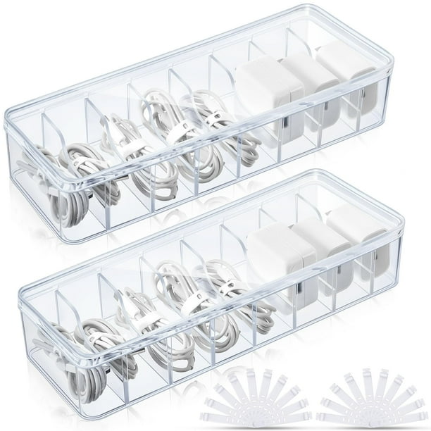 2 Pcs Cable Organizer Box with Wire Ties, Plastic Cord Storage Box with Lid, Electronics Organizer for Home Office Desk