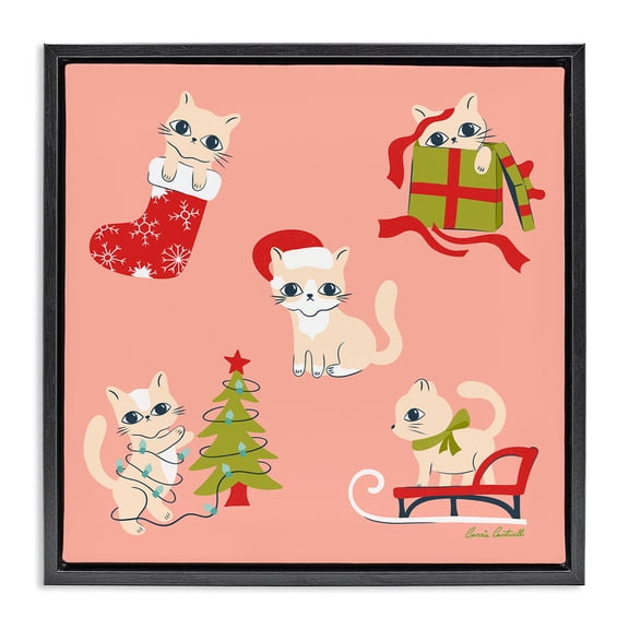 Stupell Industries Cottage Festive Cats Cute Holidays Black Floating Frame Canvas Art, 18 x 18, by Carrie Cantwell