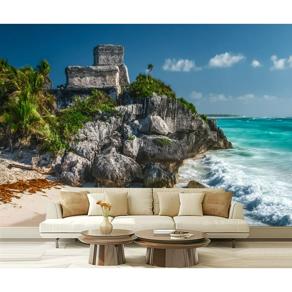 Peel and Stick Wallpaper Waterproof Mayan Ruins Tulum Mexico Wall Mural Decor Self Adhesive and Removable 69in x 98in