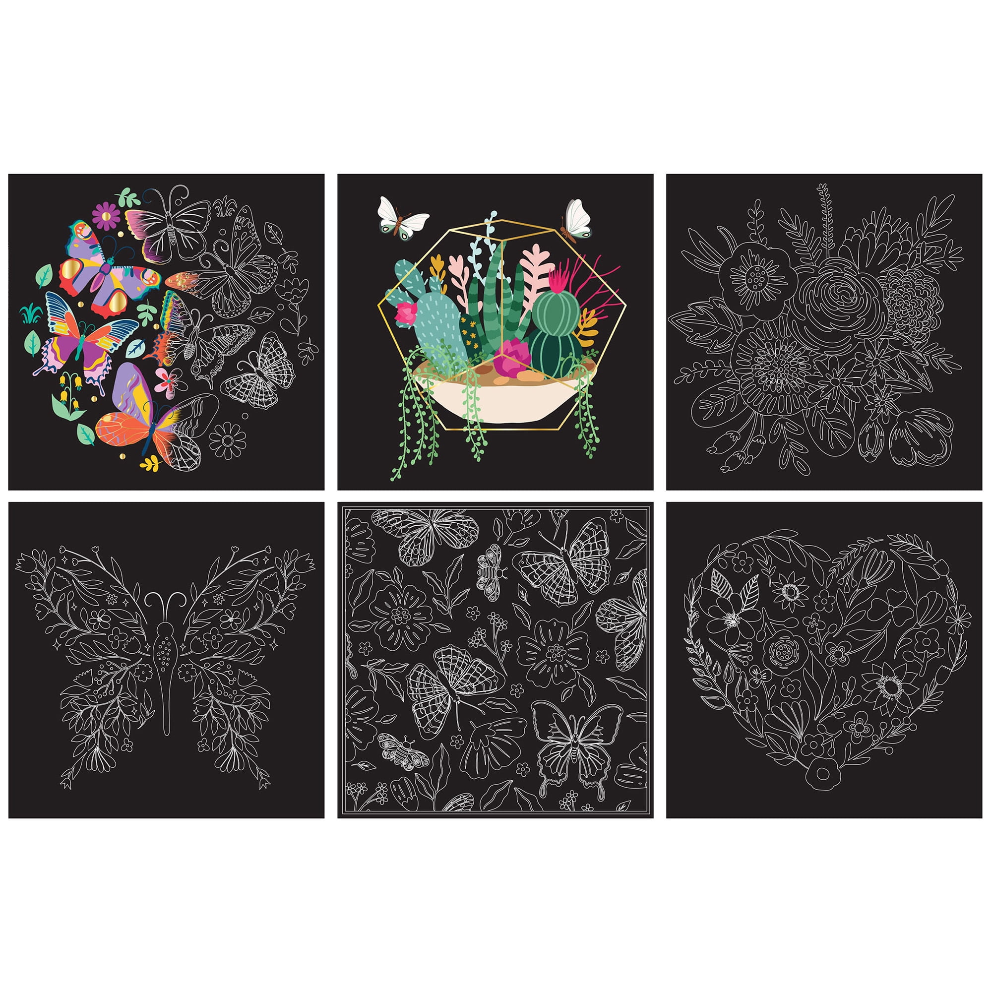 Brea Reese: Scratch Art Paper Pad - Butterfly - 12 Sheets, 6 Guided Nature Designs, Metallic Accents, Dual-Tip Stylus & Brush, 8x8" Pages, Adult Craft