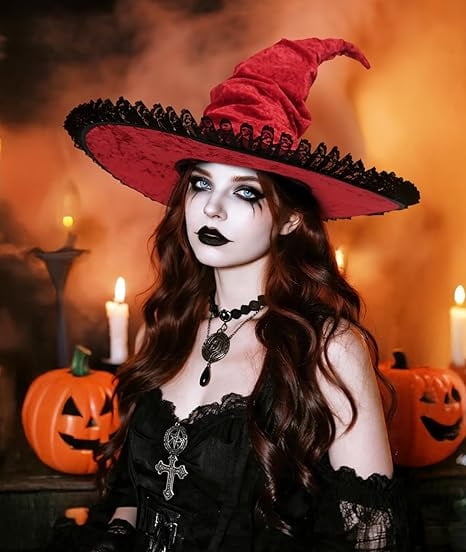 Lace Trim Witch Hat with Wide Brim for Halloween Costume Cosplay