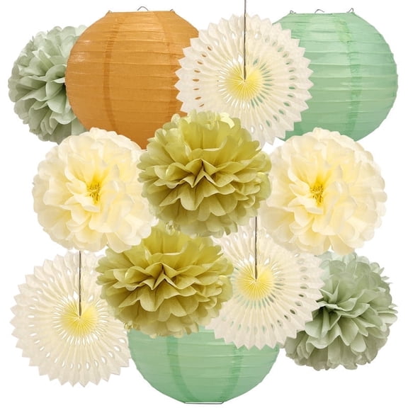 Naler Sage Green Party Decorations, 12Pcs Sage Green Paper Lanterns and Pom Poms Flowers for Birthday Party Baby Shower Wedding Shower Decor Gold/Ivory/Sage Green