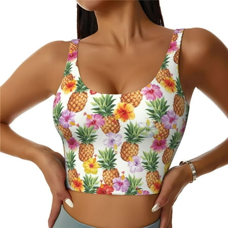Jgfou Hawaiian Pineapples And Hibiscus Flowers Print Womens Sports Bra - Padded Workout Sports Bras Crop Tank Top