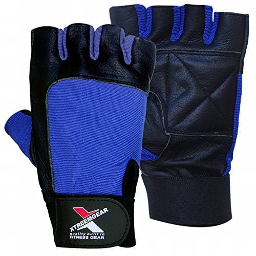 Weight Lifting Gloves Leather Fitness Training Gym Straps Workout Blue G2N (S)