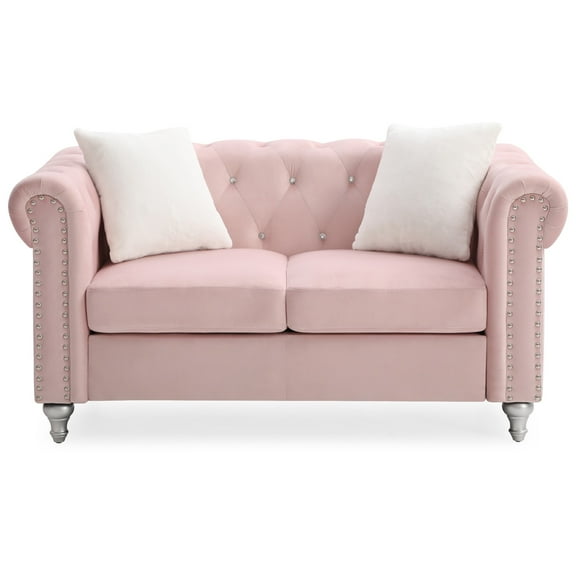 Contemporary Home Living Tufted Faux Jewel Velvet 2-Seater Sofa with Throw Pillows - 60" - Pink