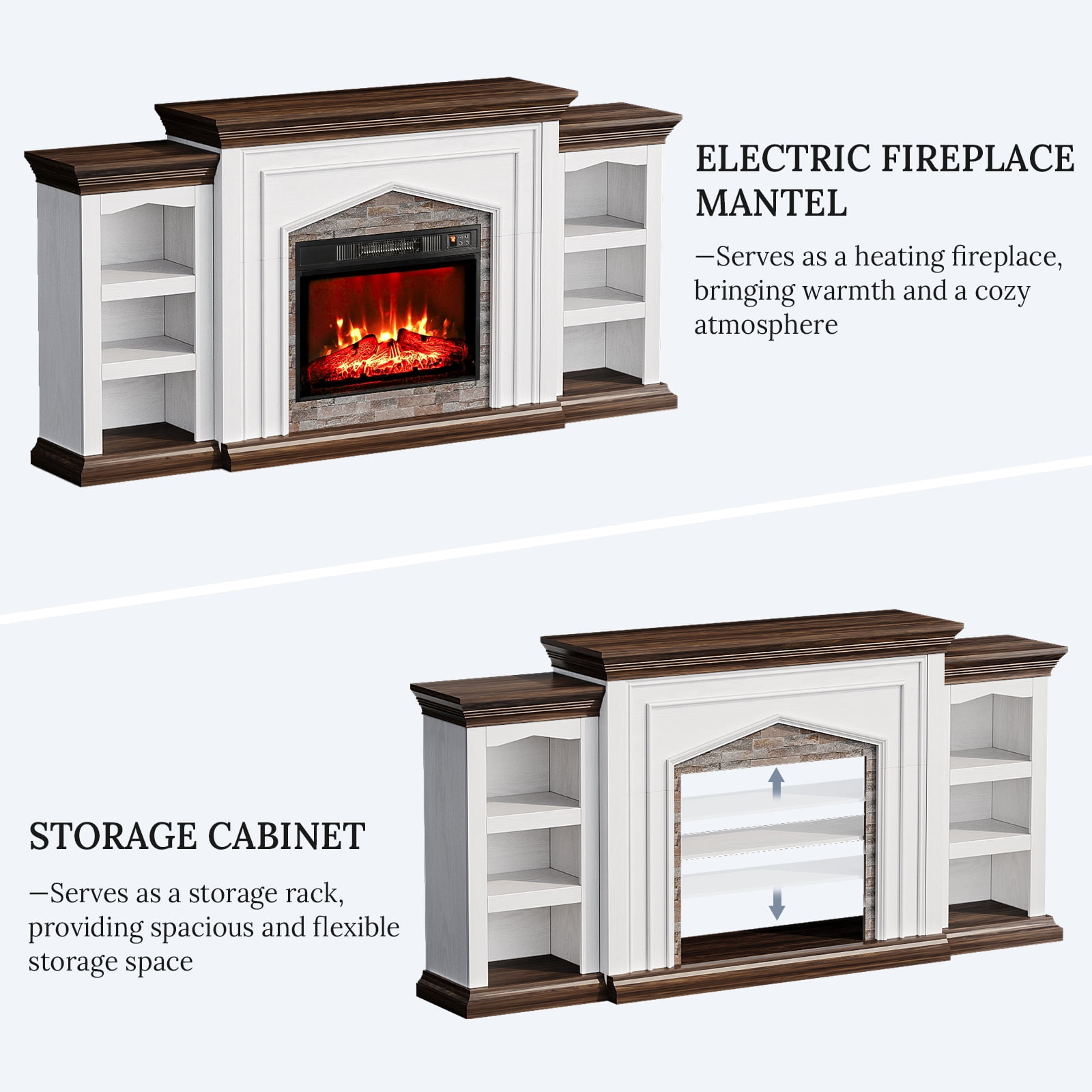 LGHM 80" Fireplace TV Stand with Storage & Bookshelves, Electric Fireplace with Mantel, Farmhouse Entertainment Center for TVs up to 90" with Remote Control, White & Brown