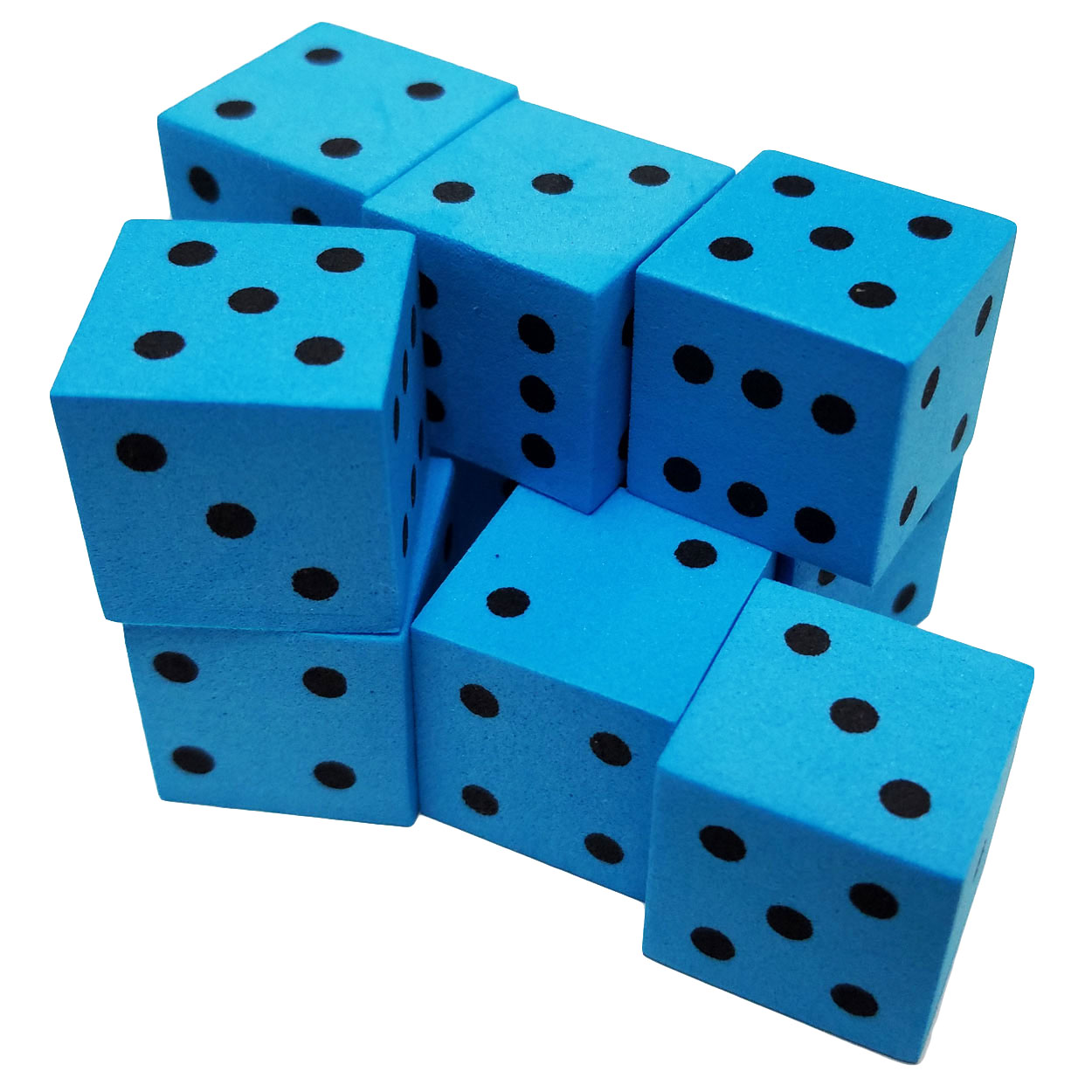Set of 10 Blue Foam Dice 6 Sided Black Spots 16mm Square Corner in Snow