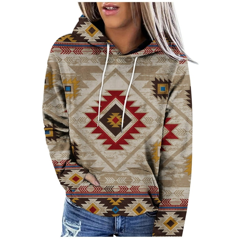 Womens Aztec Half Zip Up Hoodies Sweatshirt,Women's Casual Aztec Geometric  Zipper Collar Drawstring Pullover Sweatshirt 2023