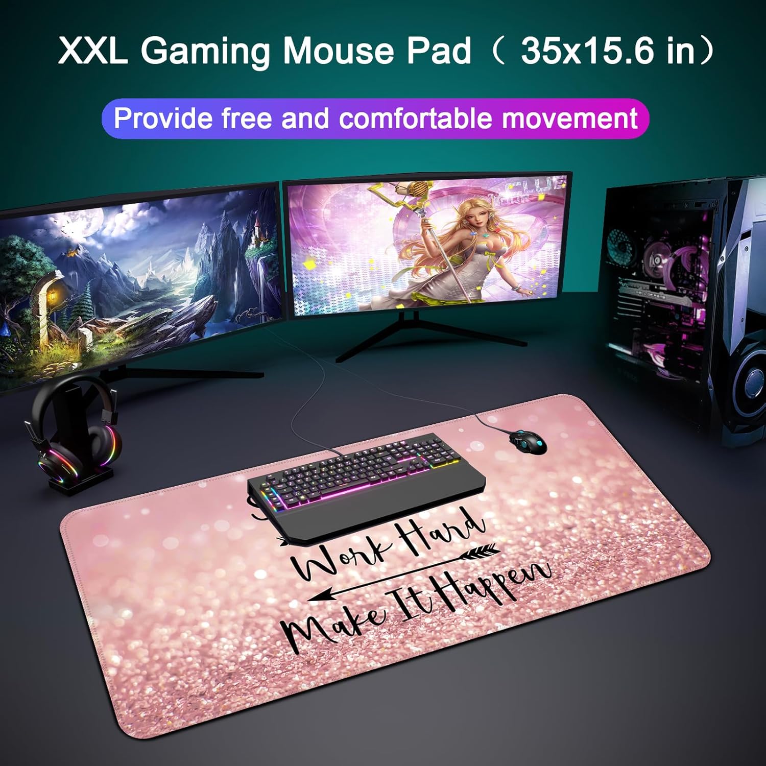 Pink Stay Positive XXL Extended Gaming Mouse Pad - Large Desk Mat with Non-Slip Base, Stitched Edges, Perfect for Computer, Office, Keyboard, Laptop, 35"x15.6"