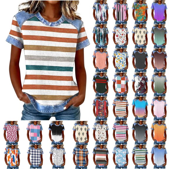 Women's Short Sleeve Tees Plus Size Lapel Crew Neck Denim Patchwork Waffle Pullover Tops Casual Loose T Shirts (XL, Khaki)
