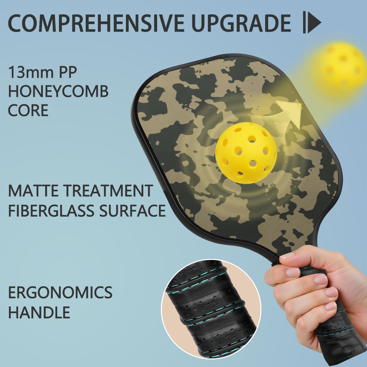 Pickleball Paddles Set Of 1, Fiberglass Surface, Camouflage Print, 1 Paddle, 2 Balls & Bag