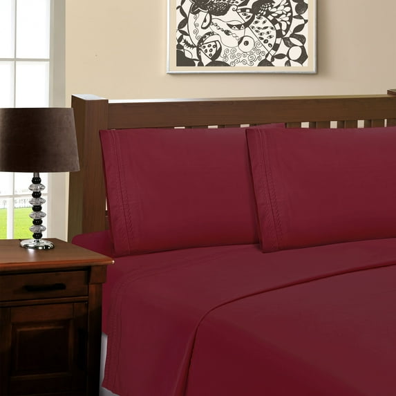 100% Brushed Microfiber Wrinkle Resistant Embroidered Sheet Set Burgundy / Twin XL