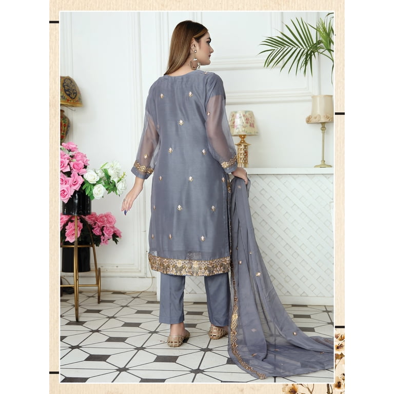 grey and blue pakistani dress Graceful Grey Pakistani Anarkali Suit with Dupatta main image 0