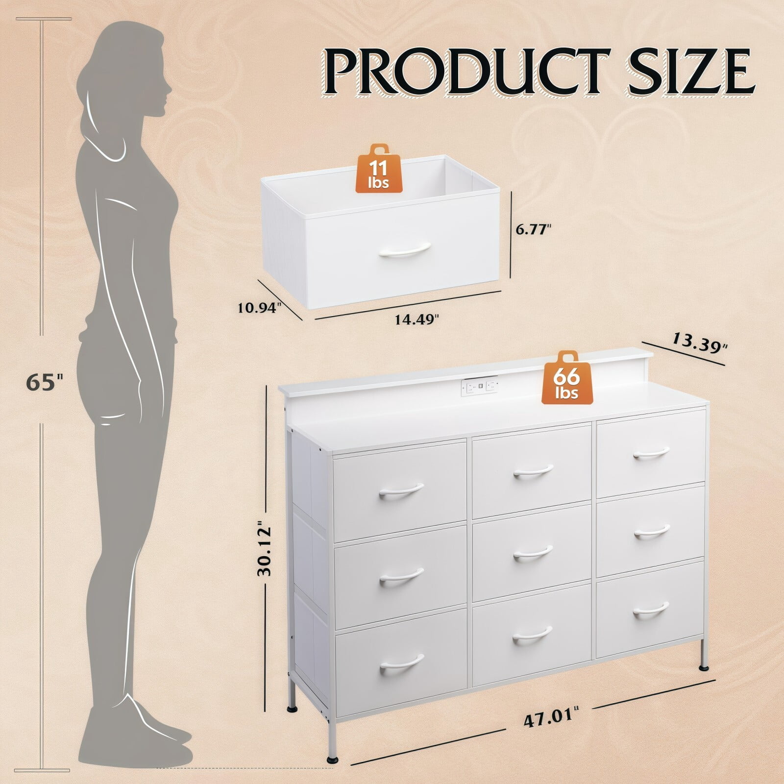 BEAUTYPEAK TV Stand Dresser with 9 Fabric Drawers LED Light AC USB-C Charging Station, White
