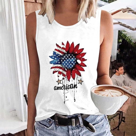 Fartey Women's Plus Size Patriotic Tank Tops 4th of July Sleeveless Shirts American Flag Sunflower Print Tees Loose Casual Yoga Workout Tanks White M