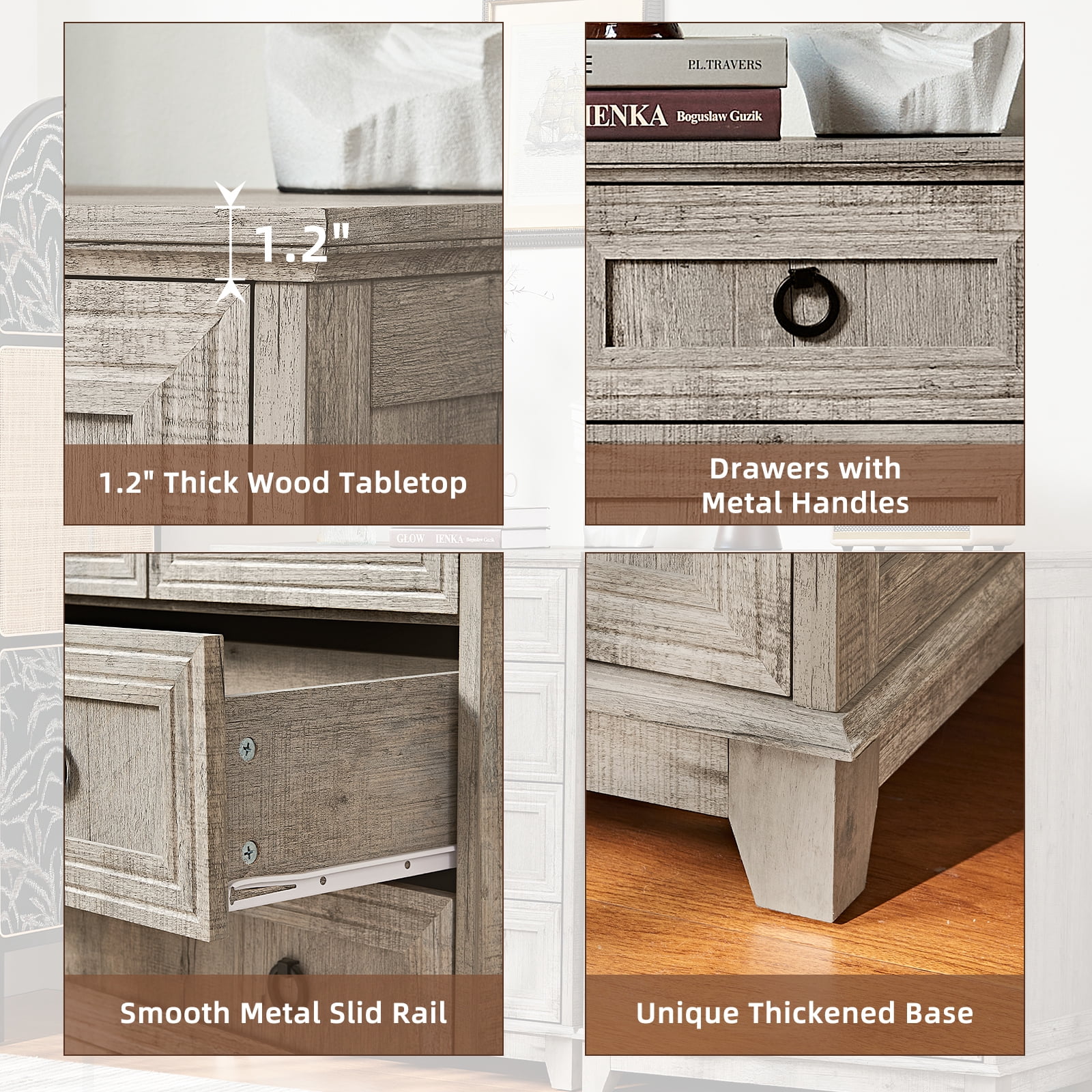Joaxswe 5 Drawer Grey Oak Dresser for Bedroom, Rustic Chest of Drawer Wood Storage Cabinet for Entryway Living Room