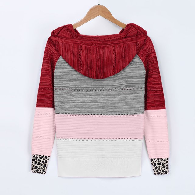 Mode Femmes Léopard Patchwork Col en V Manches Longues Chandail à Capuche Blouse Hauts