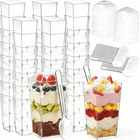 150 Pcs Dessert Cups with Lids and Spoons, 3 oz Mini Clear Plastic Dessert Parfait Cup, Reusable Fruit Ice Cream Cake Pudding Cups