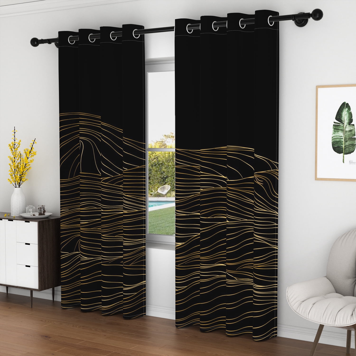 Lfeey Gold Line Wave Blackout Curtains, Bedroom Darkening Blackout Curtains, 52x96 inches, Black Gold, 2 panels