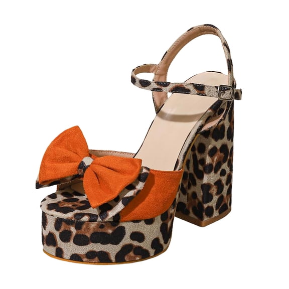 Womens Platform Heels Leopard Print Peep Toe Bowknot Ankle Strap High Block Heeled Sandals Summer Dressy Pumps Shoes Brown Size 9