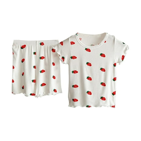 

Toddler Girls Ruffle Short Sleeve Strawberry Printed T-Shirts Top Shorts Pajamas Home Clothes Homewear Loose Sportswear Suit For 0-6 Years Trendy Child Streetwear