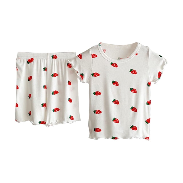 Sunnyoo Pyjama pour Filles à Manches Courtes, T-Shirt à Imprimé Fraises et Short, Tenue de Nuit