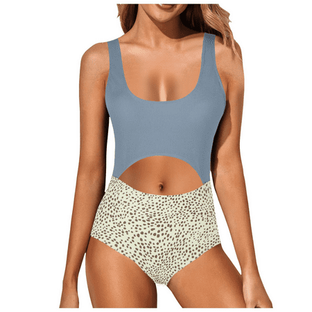 Fulorrnie One Piece Swimsuit for Women High Waisted Tummy Control Cutout Low Back Bathing Suit Concealing Stretchable Swimwear Light Blue M