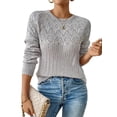 thumbnail image 3 of Women'S Crewneck Long Sleeves Crochet Light-Weight Knit Sweaters for Women Trendy Fall Outfits Light Gray L, 3 of 8