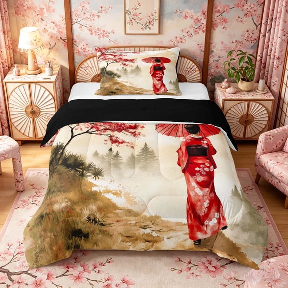 Manfei Watercolor Geisha Twin Comforter Sets for Home, Fuji Sakura Bedding Set for Office, Red Brown Green, Black Reversible 2 Pieces, 1 Comforter and 1 Pillowcase