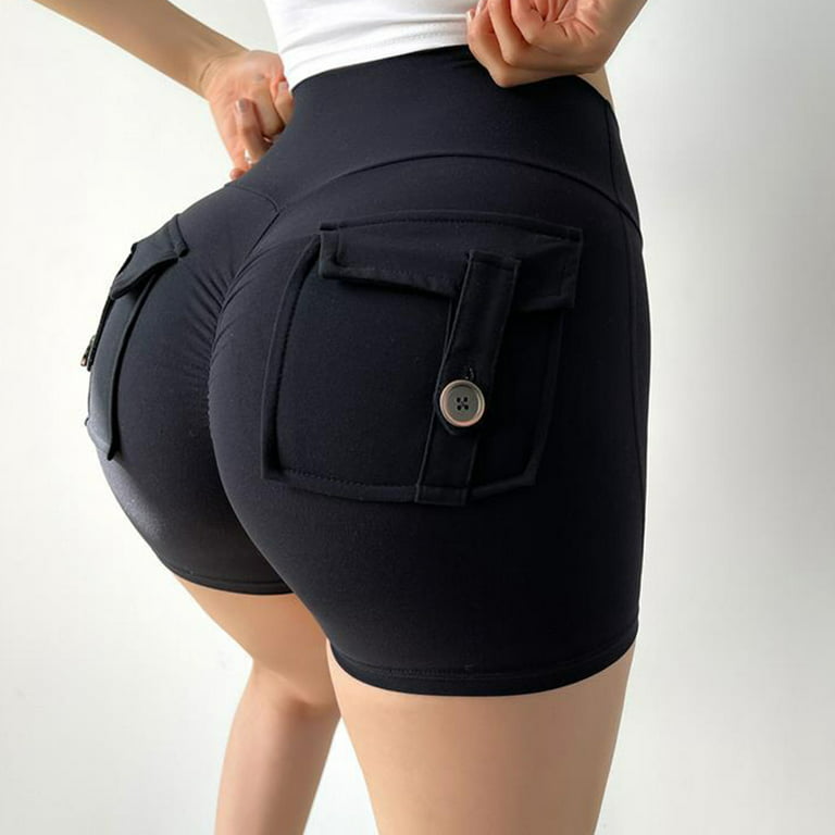 ZUARFY Women High Waisted Skinny Yoga Shorts Solid Color Butt Lifting  Ruched Workout Cargo Hot Pants Flap Pockets Gym Leggings