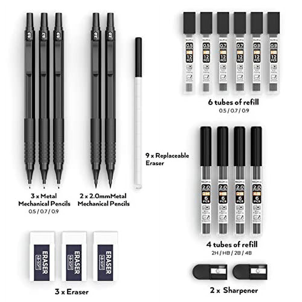 Nicpro 5 PCS Art Mechanical Pencils Set, Black Artist Metal Drafting Pencil  0.5 & 0.7 & 0.9 mm & 2PCS 2mm Graphite Lead Holder(4B 2B HB 2H) for Drawing  Writing Sketching With
