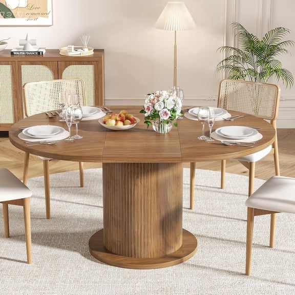 59" Extendable Round Dining Table for 4-6, Modern Oval Kitchen Table with Fluted Base, Circle Dining Table for Living Room, Walnut