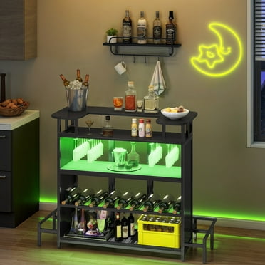 Uforic 5-Tier Home Bar Table with Wine Rack & LED Lights, Mini Bar Cabinet with Glass Holder, Black