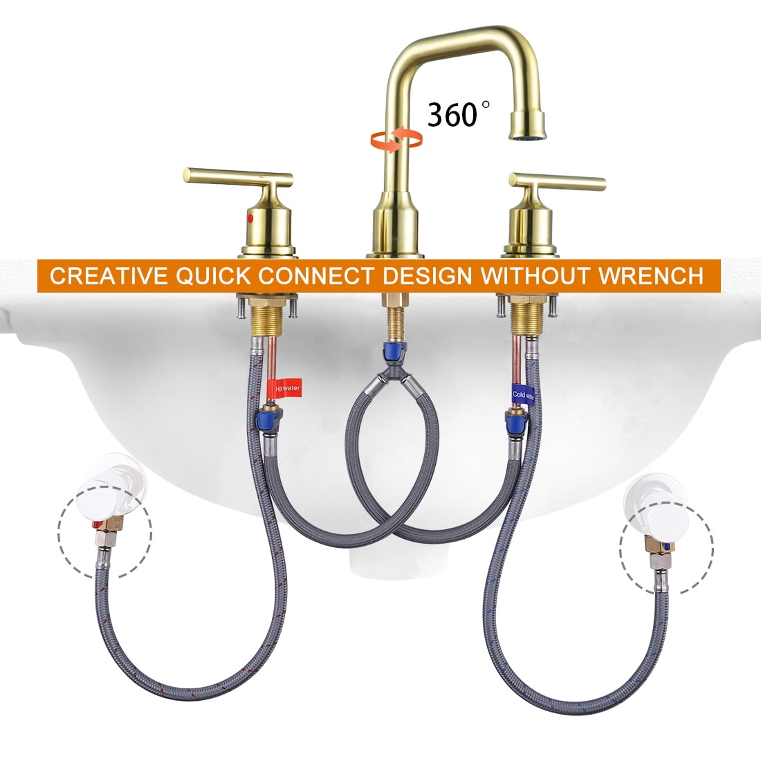WOWOW Brushed Gold Bathroom Faucet Widespread 2 Handle Bathroom Sink Faucet