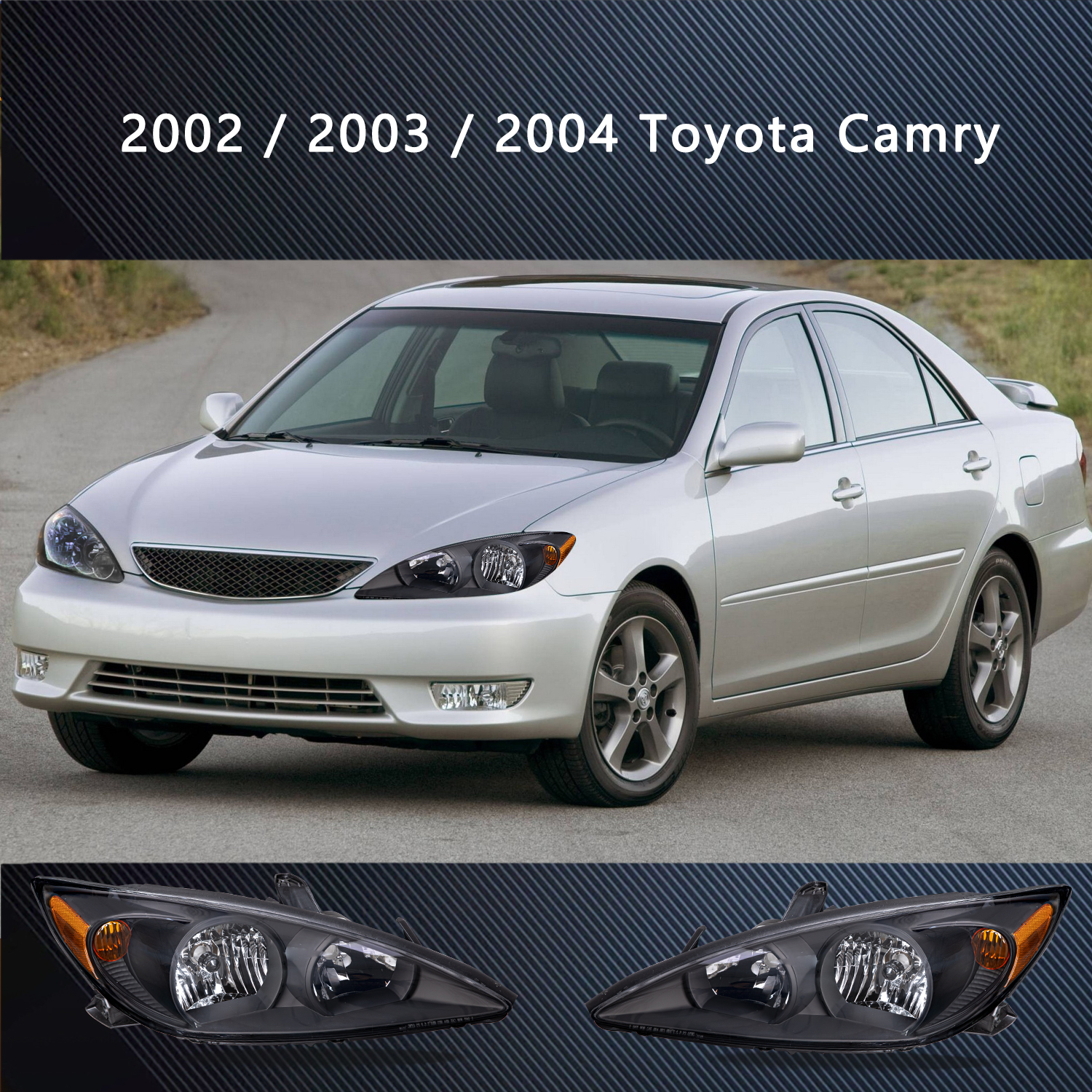 Headlights Assembly for 2002 2003 2004 Toyota Camry Sedan LE SE XLE Black Amber