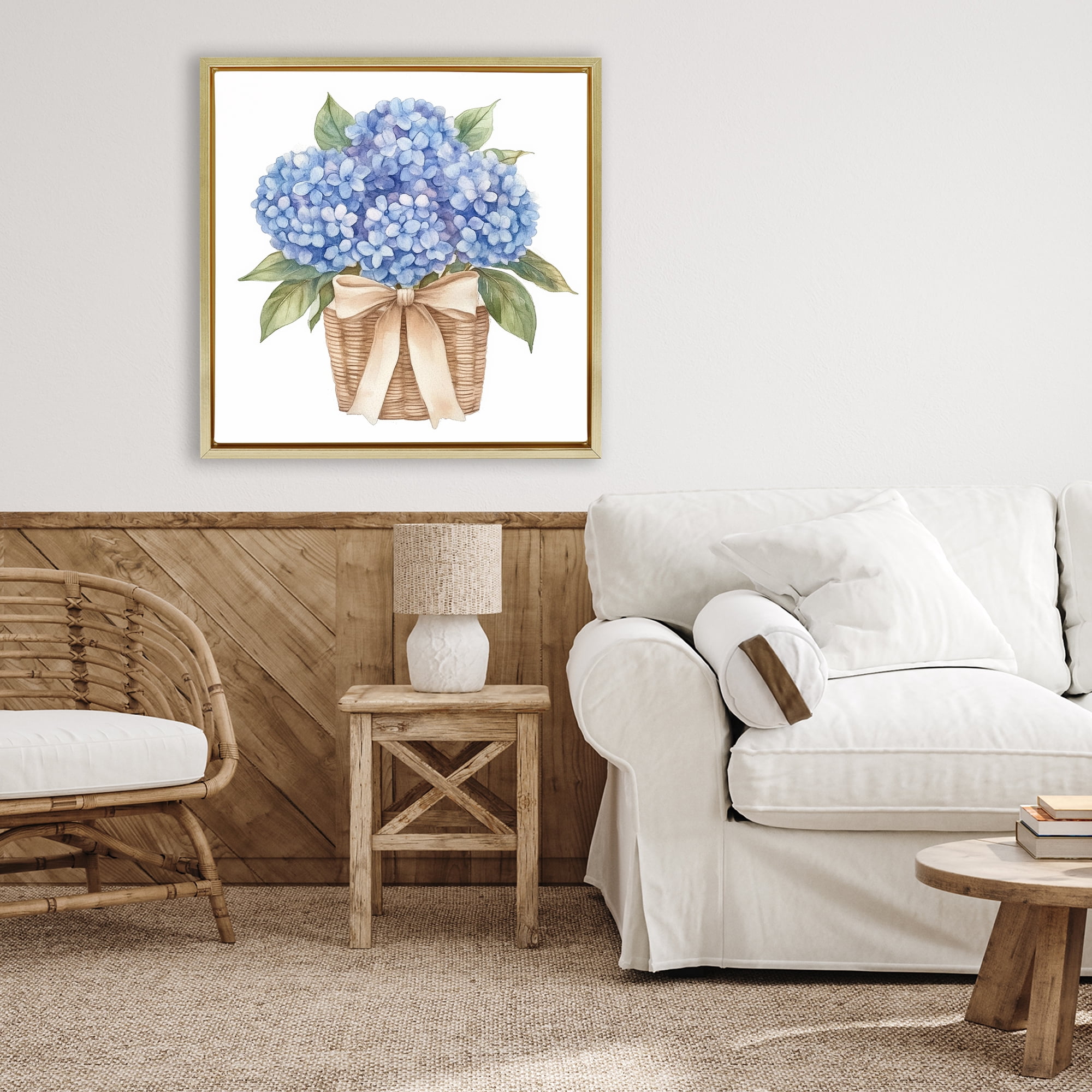 Stupell Industries Blue Hydrangea Picnic Basket Gold Framed Floater Canvas Wall Art, design by Petal Prints Design